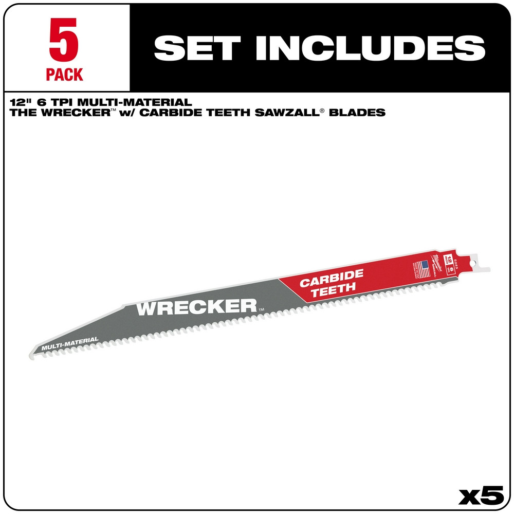 Milwaukee 48-00-5543 12" 6 TPI THE WRECKER with Carbide Teeth SAWZALL Blade 5PK
