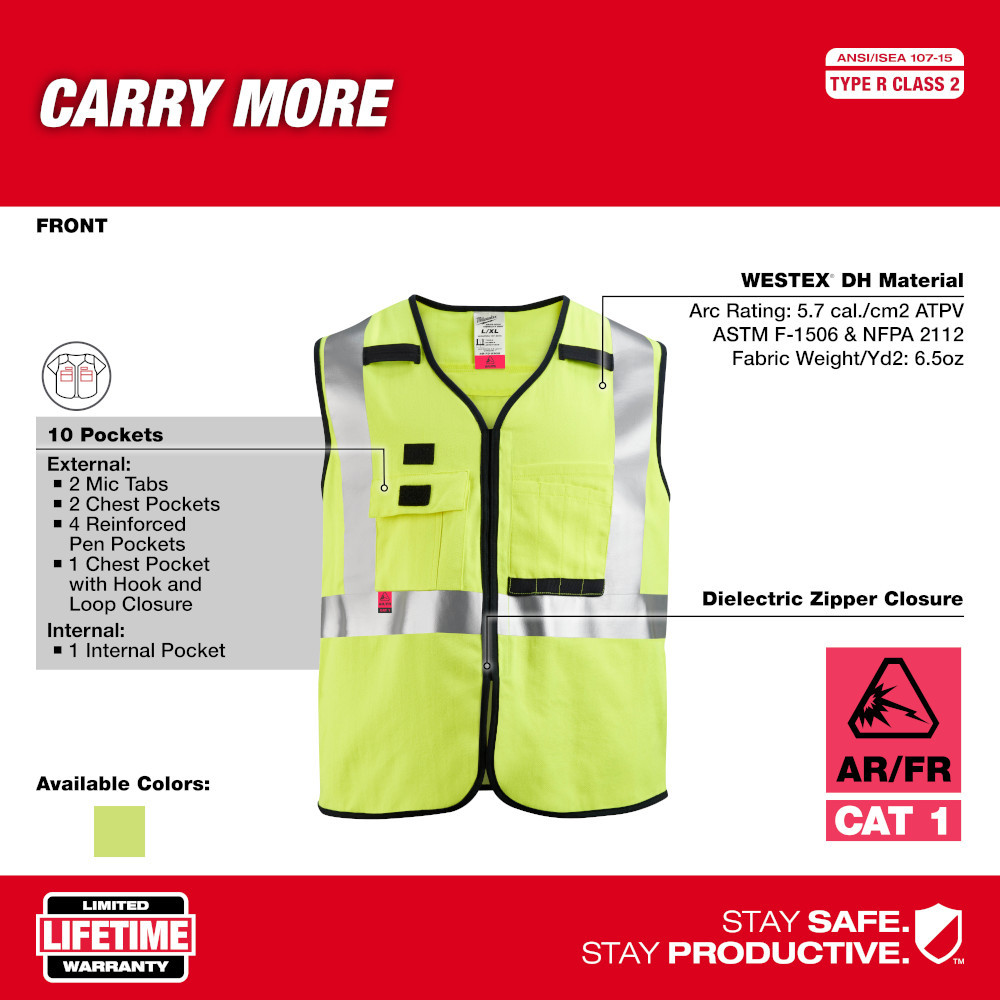 Milwaukee 48-73-5303 AR/FR Cat. 1 Class 2 High Visibility Yellow Safety Vest - 2XL/3XL