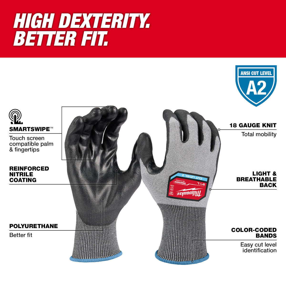 Milwaukee 48-73-8724B 12 Pair Cut Level 2 High Dexterity Polyurethane Dipped Gloves - XXL