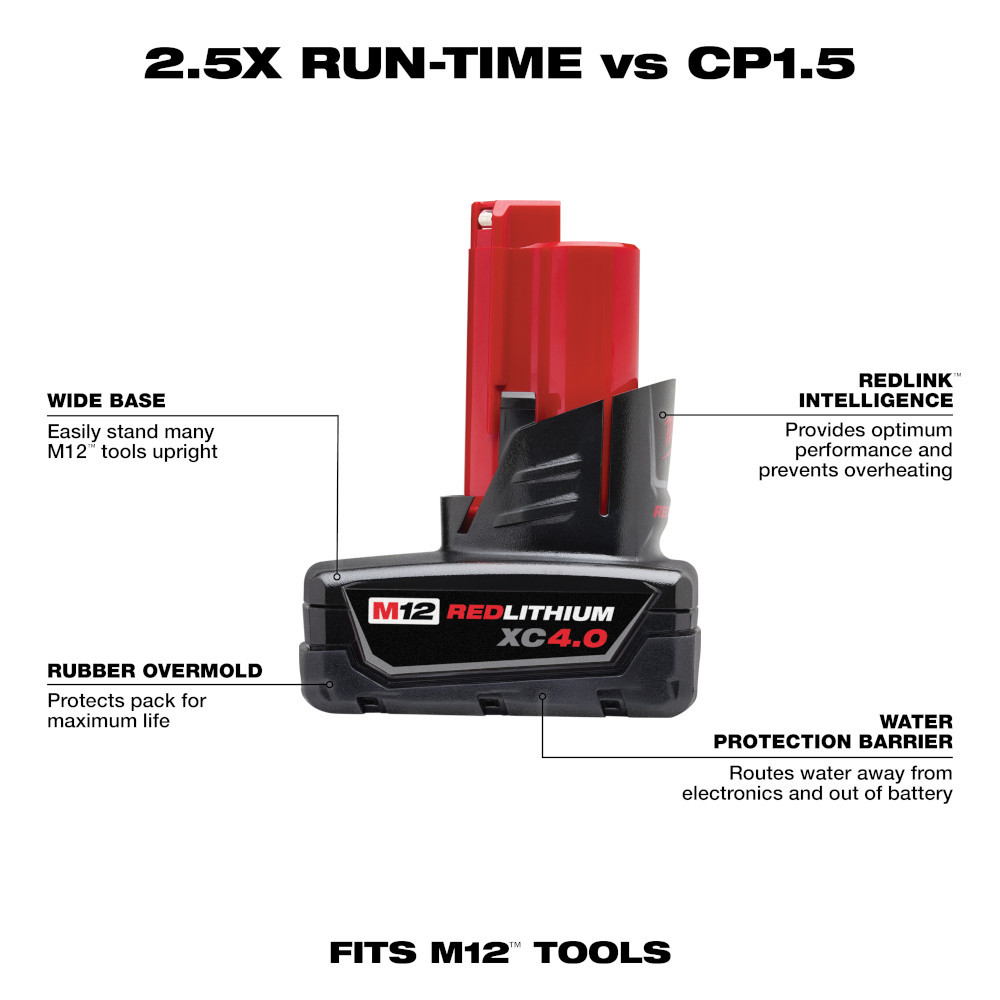 Milwaukee 48-11-2440 M12 REDLITHIUM XC 4.0Ah Extended Capacity Battery Pack