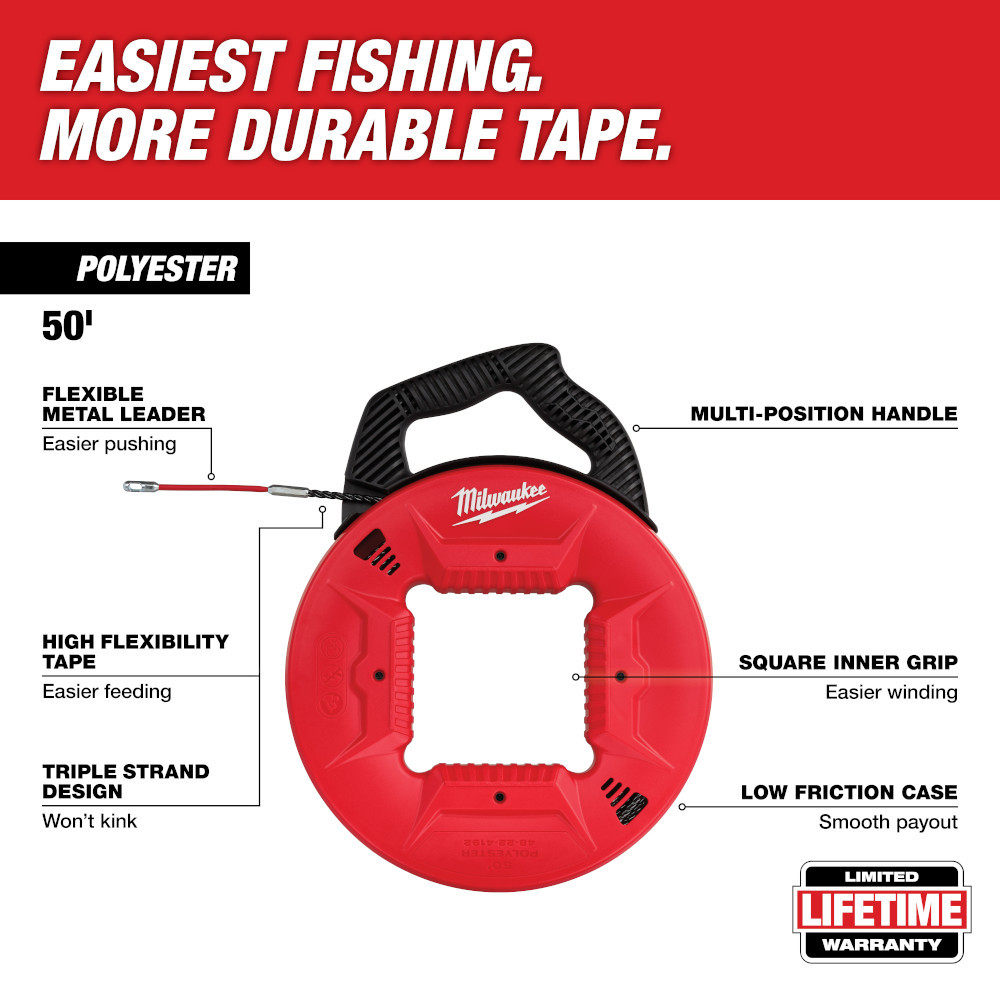 Milwaukee 48-22-4192 50 Ft. Polyester Fish Tape w/ Flexible Metal Leader