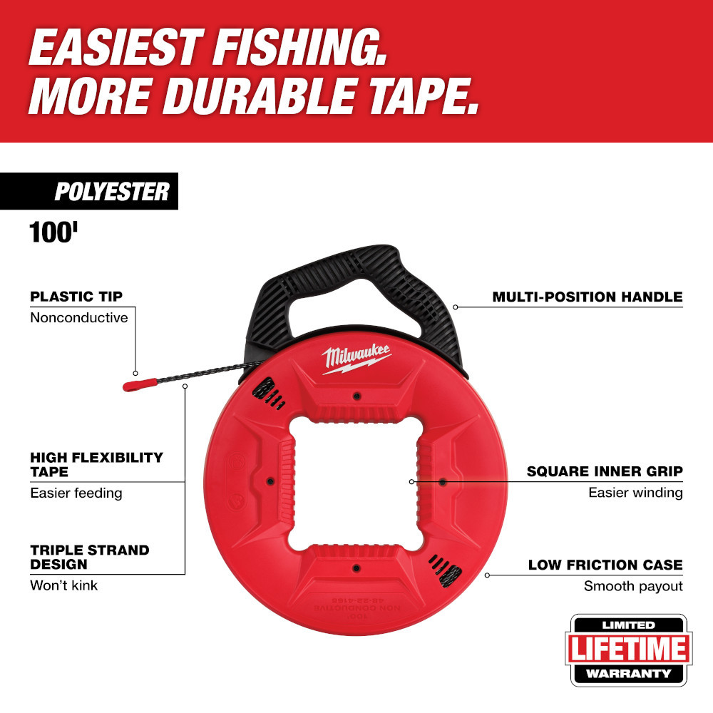 Milwaukee 48-22-4165 100 Ft. Polyester Fish Tape with Non-Conductive Tip