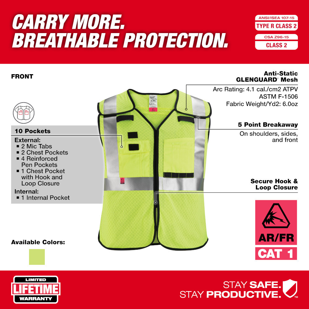 Milwaukee 48-73-5212 AR/FR Cat. 1 Class 2 Breakaway High Visibility Yellow Mesh Safety Vest - L/XL (ANSI/CSA)
