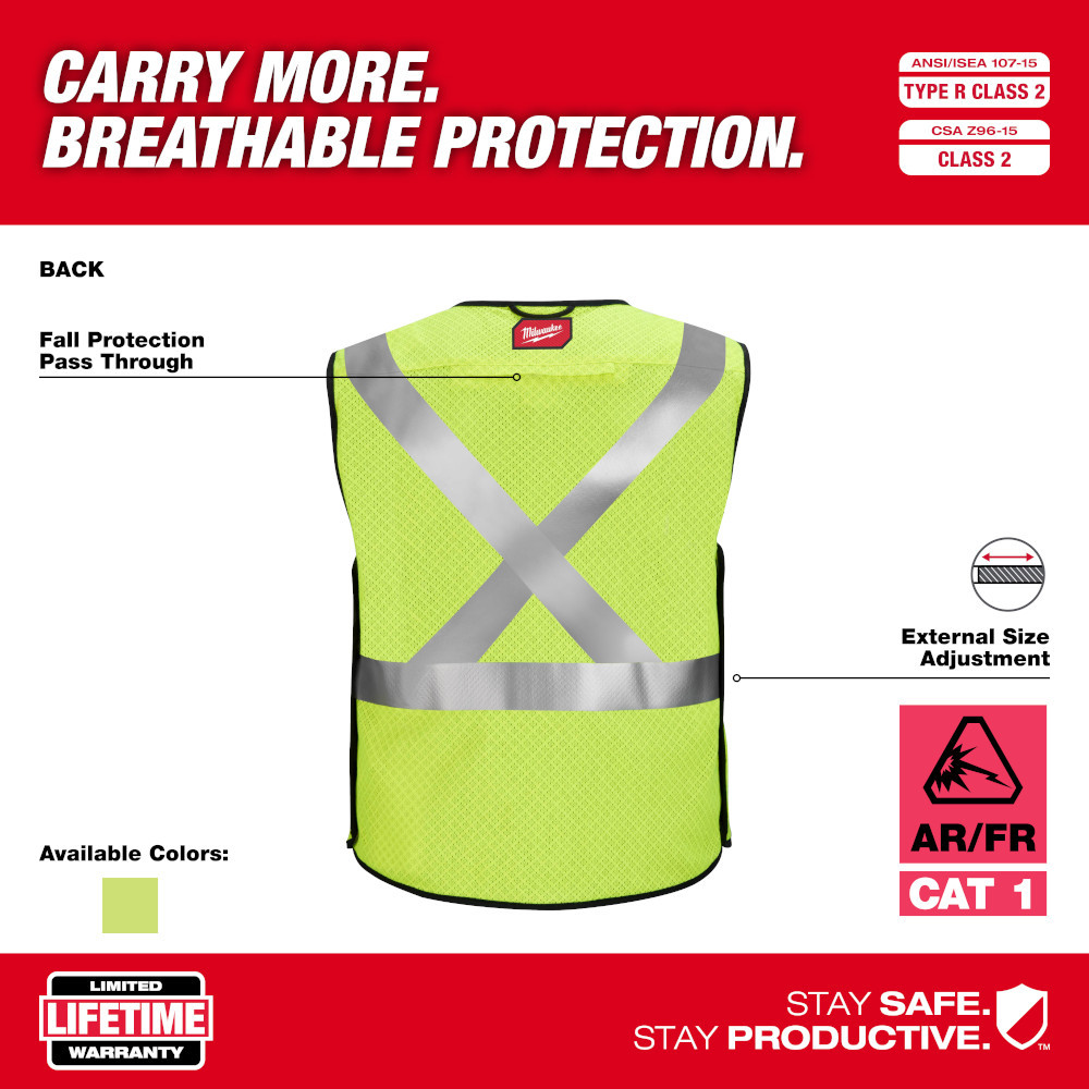 Milwaukee 48-73-5212 AR/FR Cat. 1 Class 2 Breakaway High Visibility Yellow Mesh Safety Vest - L/XL (ANSI/CSA)