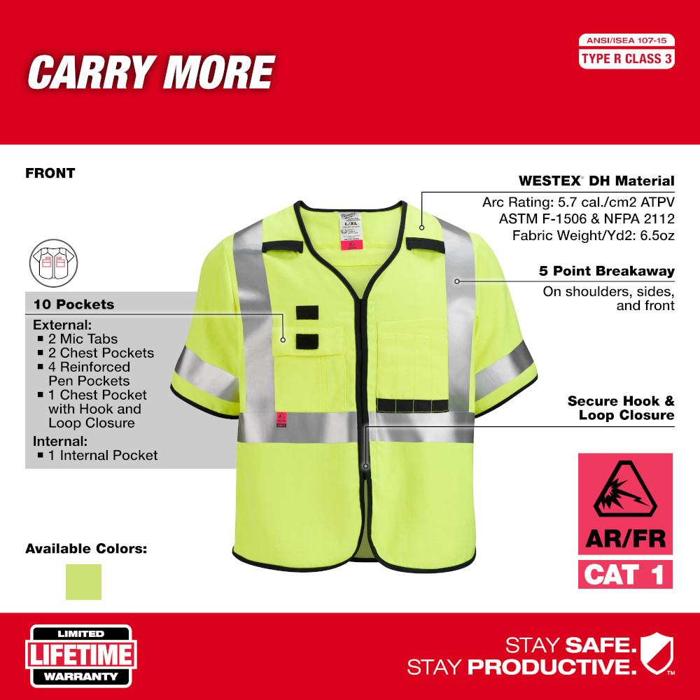 Milwaukee 48-73-5323 AR/FR Cat. 1 Class 3 High Visibility Yellow Safety Vest - 2XL/3XL