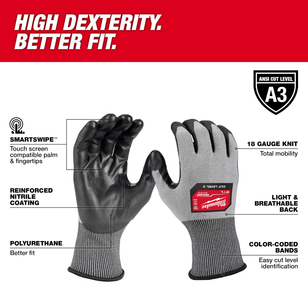 Milwaukee 48-73-8730B 12 Pair Cut Level 3 High Dexterity Polyurethane Dipped Gloves - S