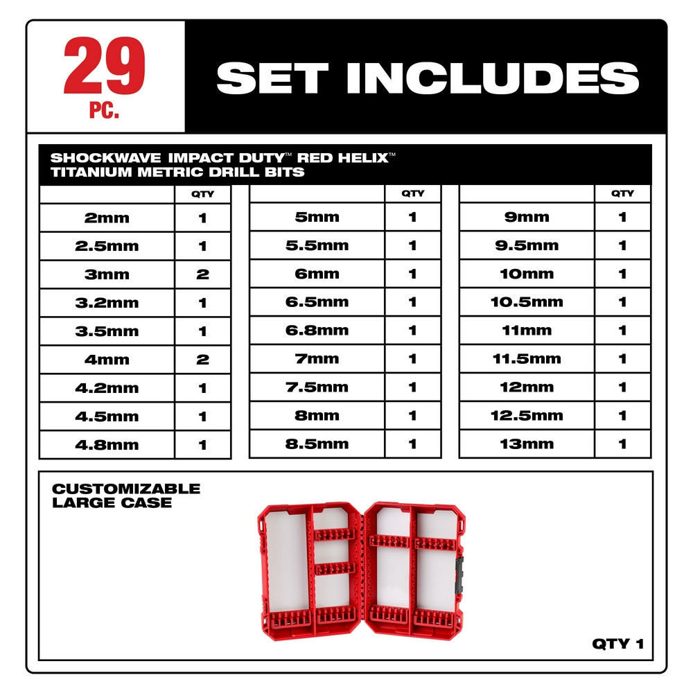 Milwaukee 48-89-4862 Shockwave Impact Duty RED HELIX Titanium Metric Drill Bit Set 29PC