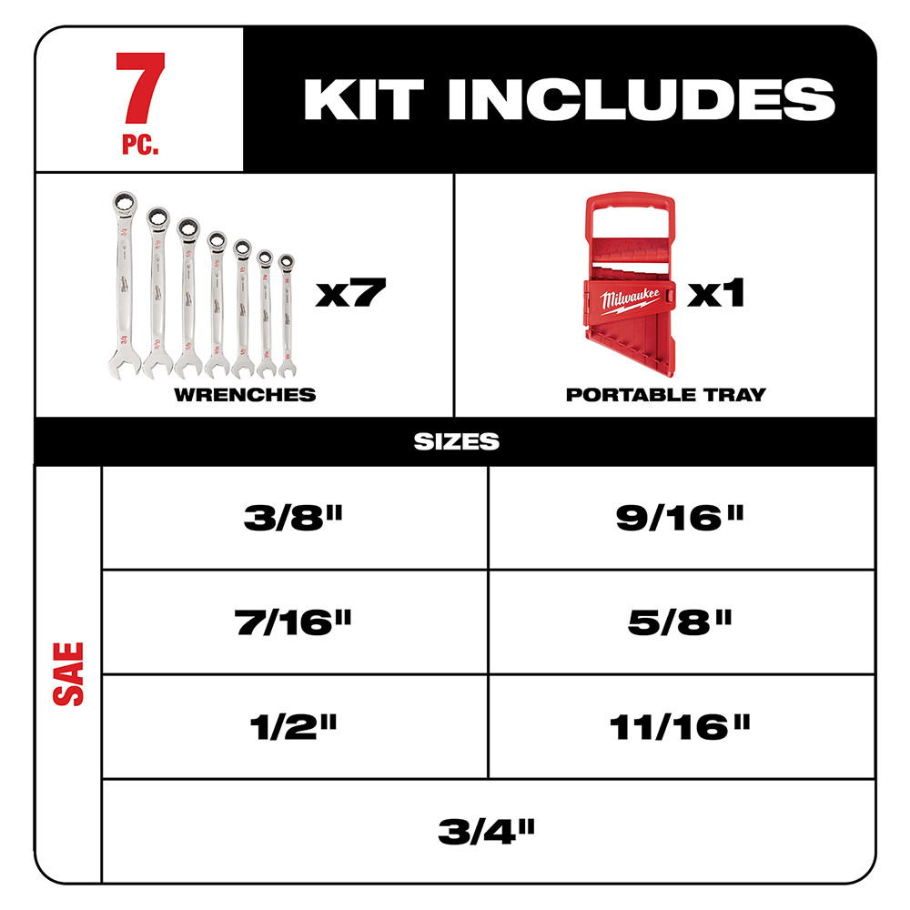 Milwaukee 48-22-9406 7pc Ratcheting Combination Wrench Set - SAE