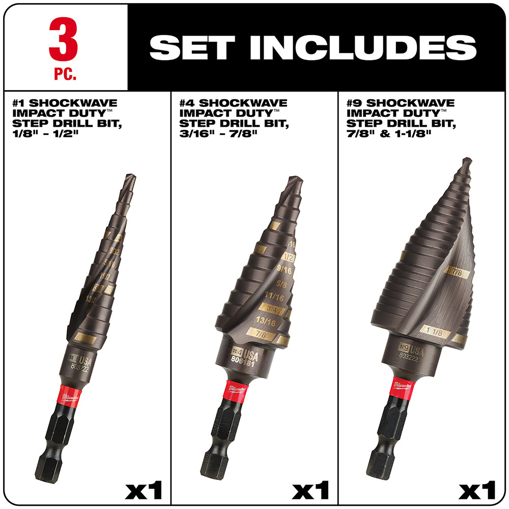Milwaukee 48-89-9257 Shockwave Impact Duty Step Bit Electrician Set (#1, #4, #9)