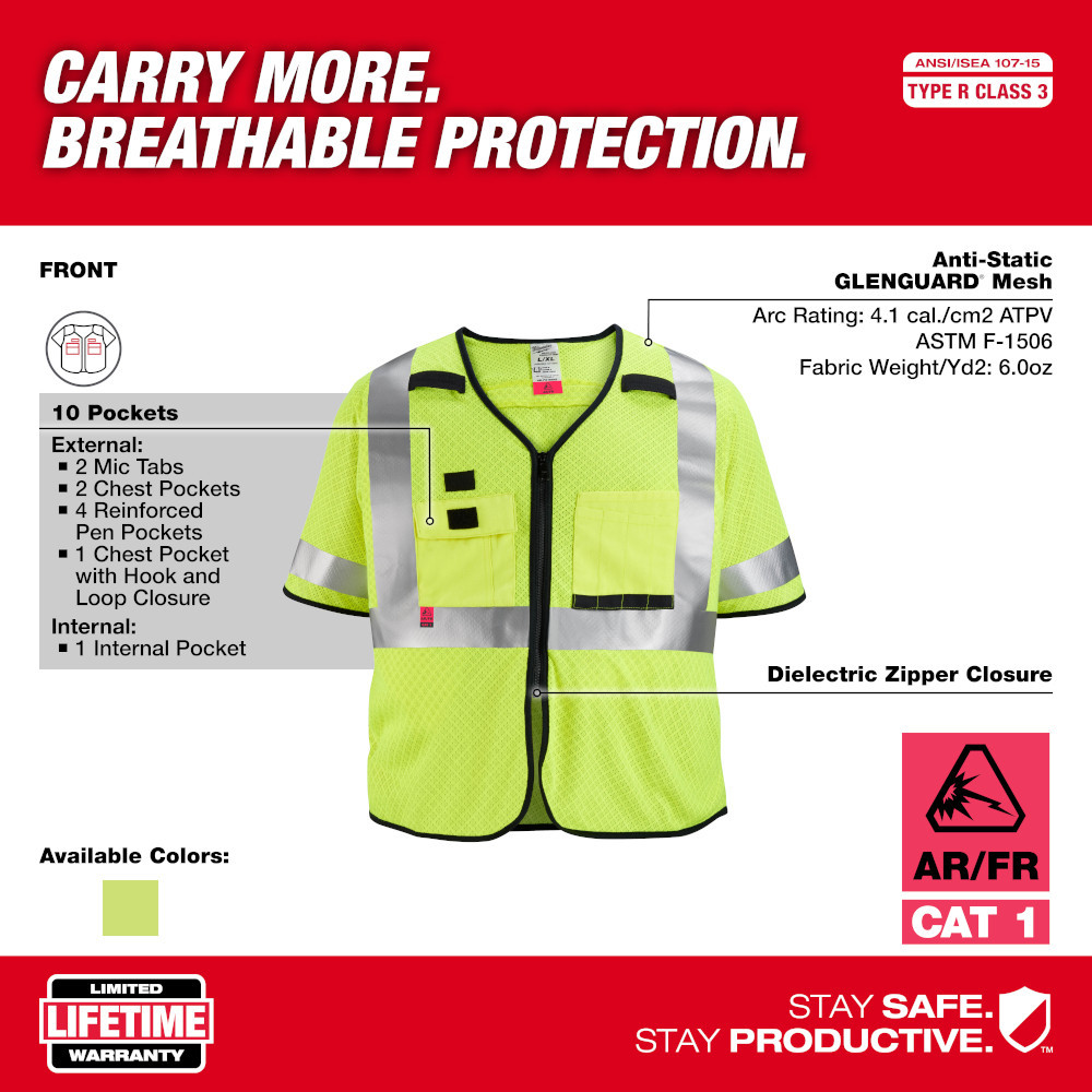 Milwaukee 48-73-5223 AR/FR Cat. 1 Class 3 High Visibility Yellow Mesh Safety Vest - 2XL/3XL
