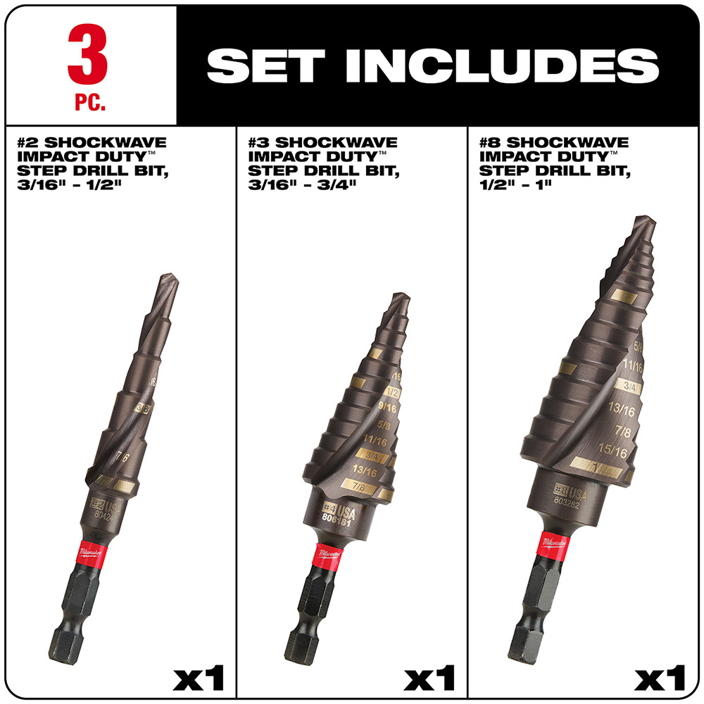 Milwaukee 48-89-9256 Shockwave Impact Duty Step Bit Mechanical Set (#2, #3, #8)