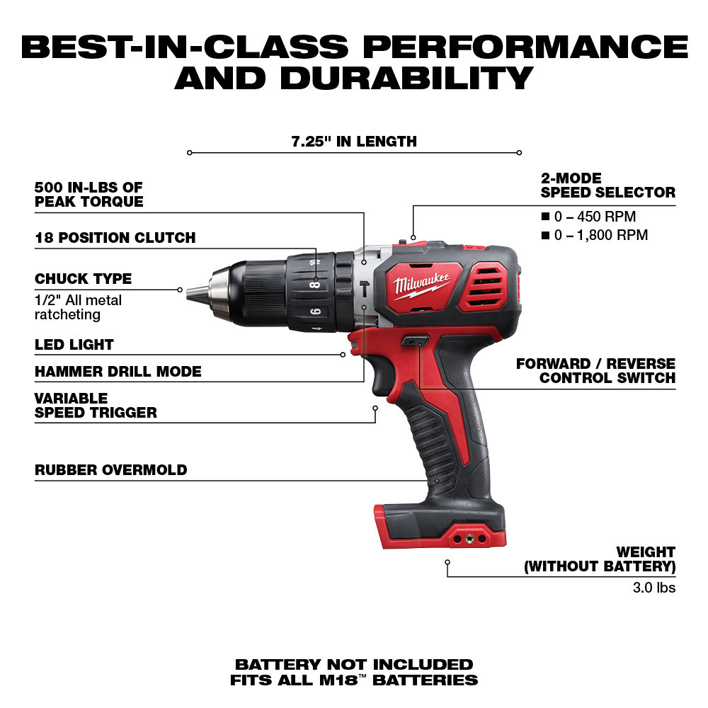 Milwaukee 2607-20 M18 Compact 1/2 in. Hammer Drill/Driver