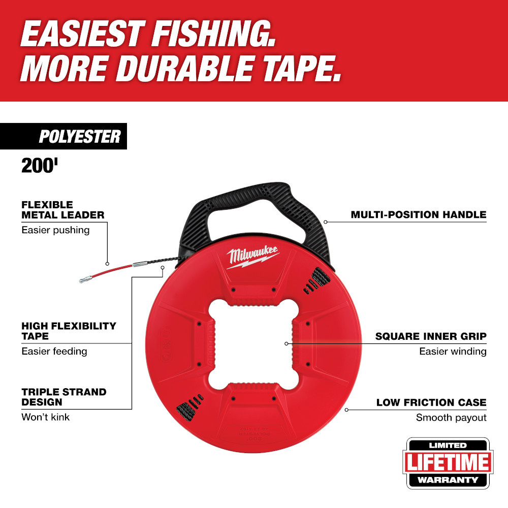 Milwaukee 48-22-4197 200 Ft. Polyester Fish Tape w/ Flexible Metal Leader