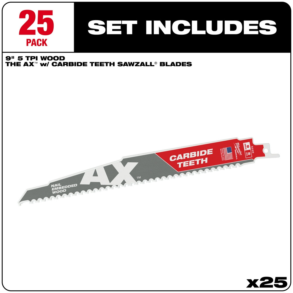 Milwaukee 48-00-8526 9" 5 TPI The AX(TM) with Carbide Teeth SAWZALL(R) Blade 25PK