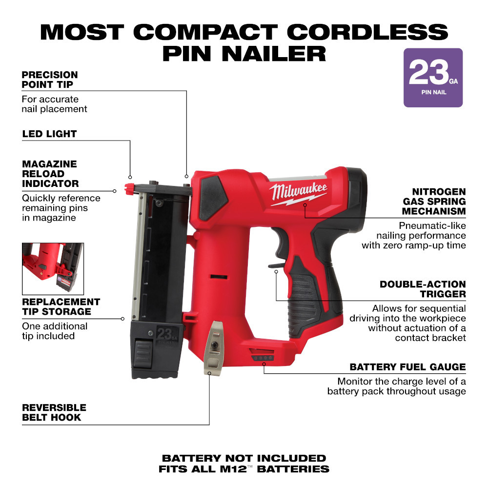 Milwaukee 2540-20 M12 23 Gauge Pin Nailer