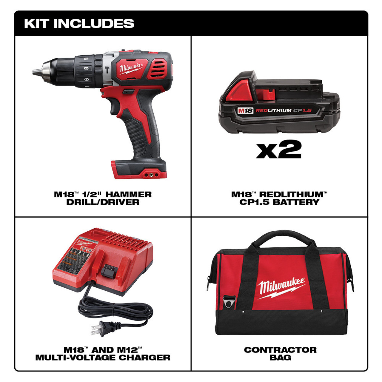 Milwaukee 2607-22CT M18 Compact 1/2 in. Hammer Drill/Driver Kit w/ Compact  Batteries