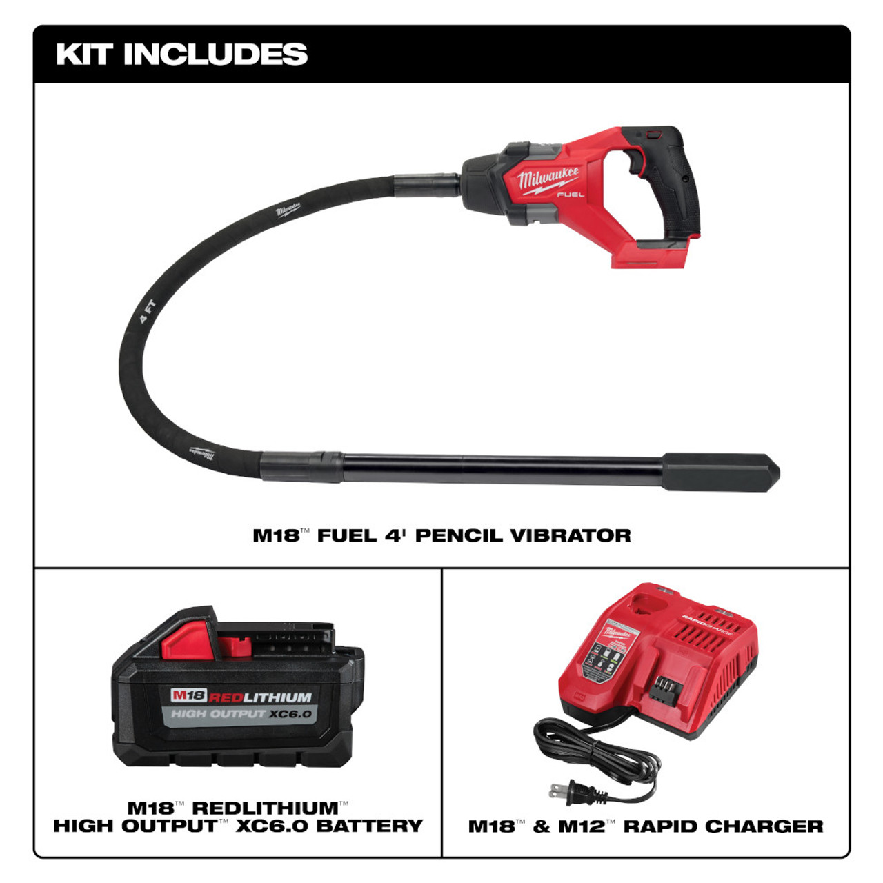 Milwaukee 2910-21 M18 FUEL 4' Concrete Pencil Vibrator Kit