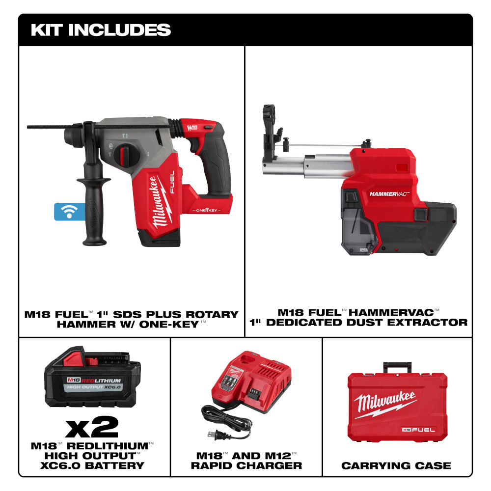 Milwaukee 2914-22DE M18 FUEL 1" SDS Plus Rotary Hammer w/ ONE-KEY Dust Extractor Kit