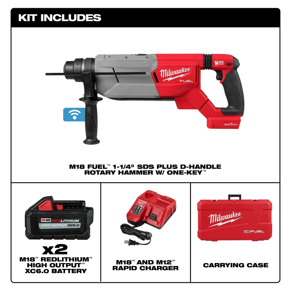 Milwaukee 2916-22 M18 FUEL 1-1/4" SDS Plus D-Handle Rotary Hammer Kit w/ ONE-KEY