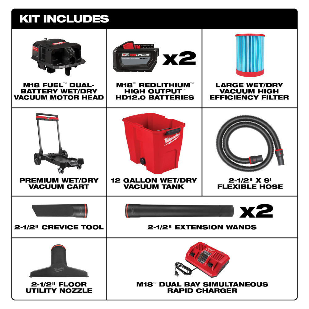 Milwaukee 0930-22HD M18 FUEL 12 Gallon Dual-Battery Wet/Dry Vacuum Kit