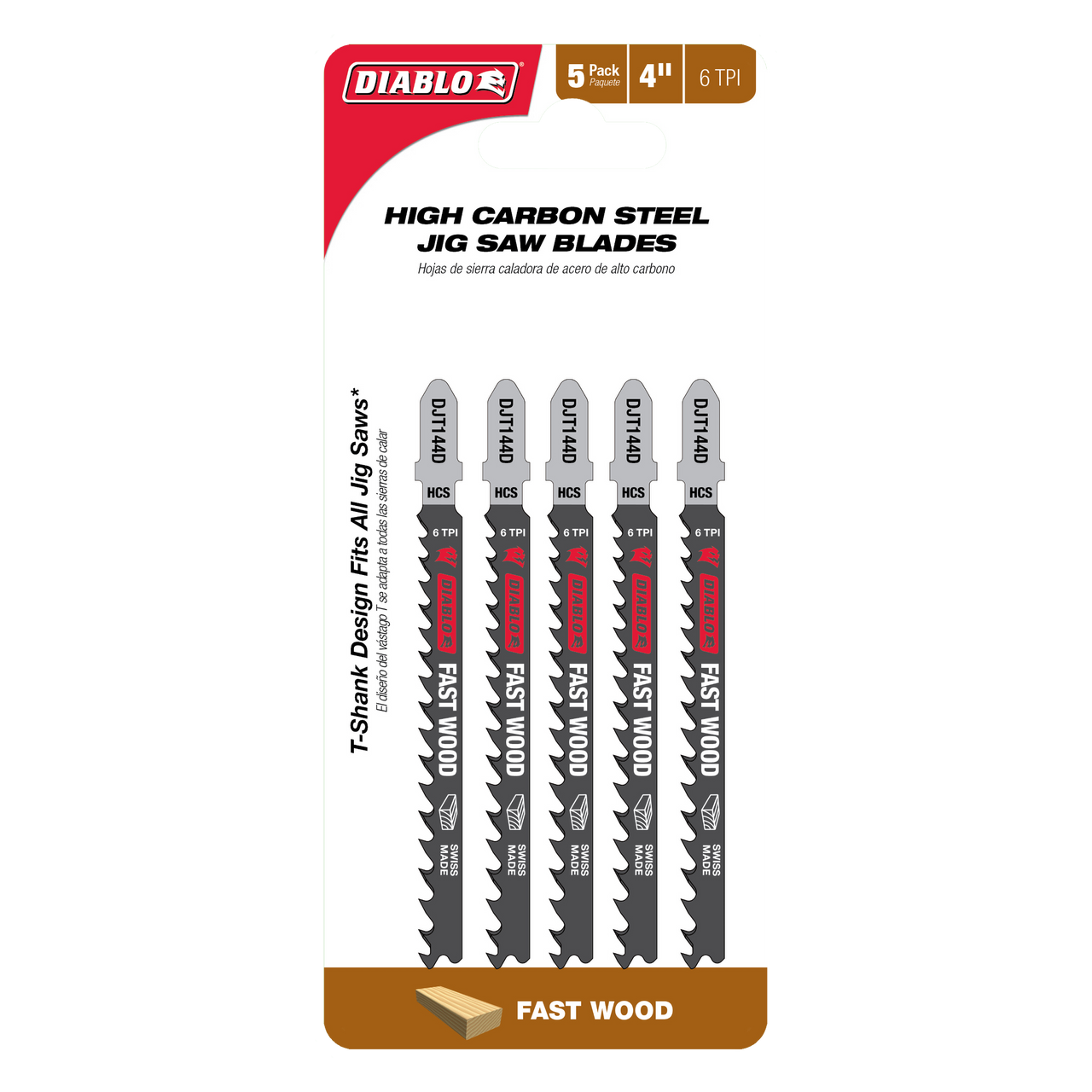 Diablo DJT144D5 4 in. 6 TPI High Carbon Steel T-Shank Jig Saw Blades for Fast Wood Cuts (5-Pack)