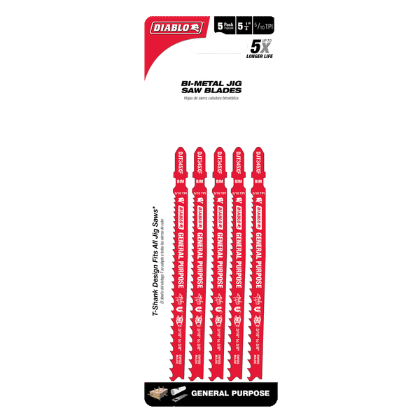 Diablo 5-1/4 inch, 5/10TPI Bi-Metal Jig Saw Blade for General Purpose Cuts - 5 Pack - DJT345XF5