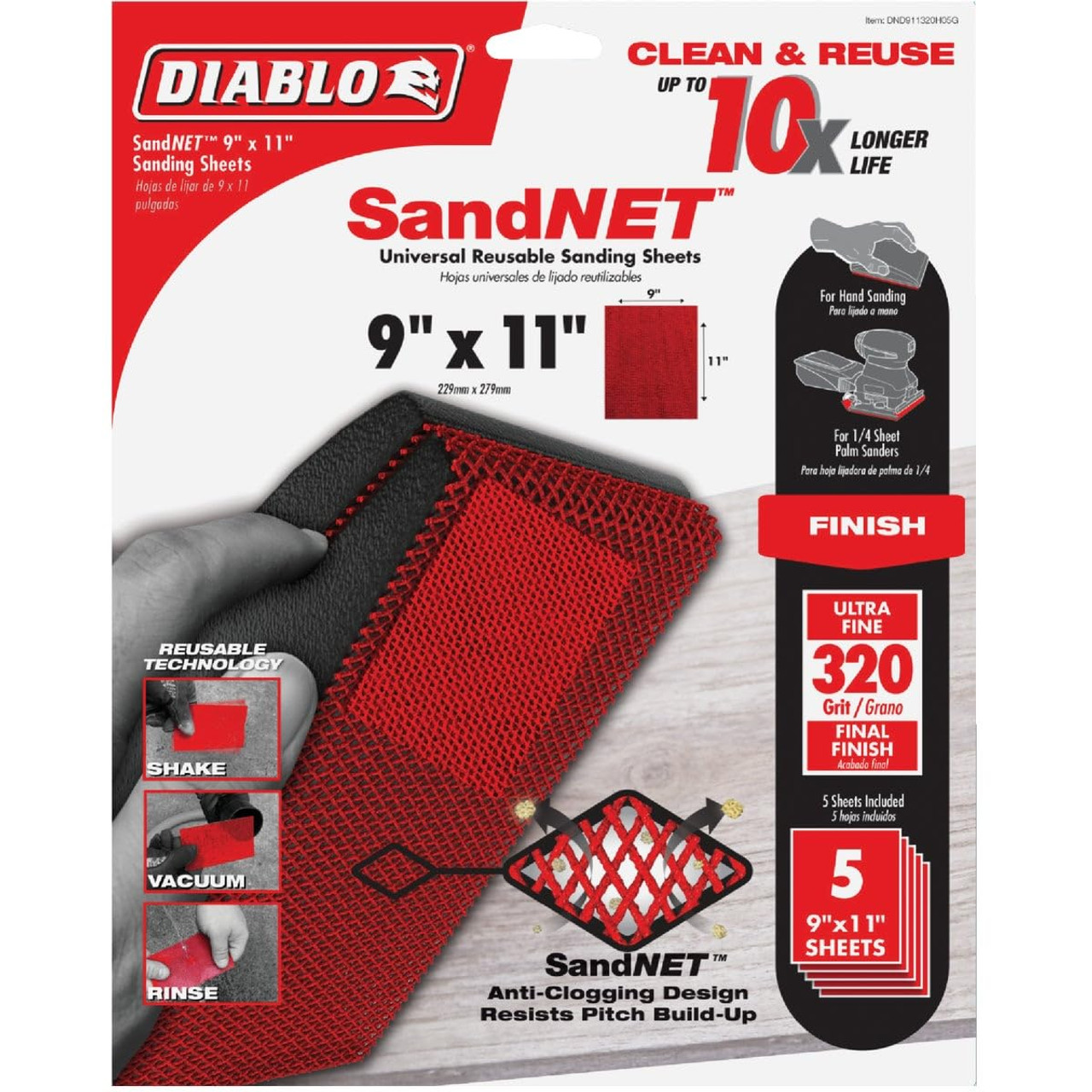 Diablo DND911320H05G 9 in. x 11 in. 320-Grit (Ultra Fine) SandNET Universal Reusable Sanding Sheets (5-Piece)