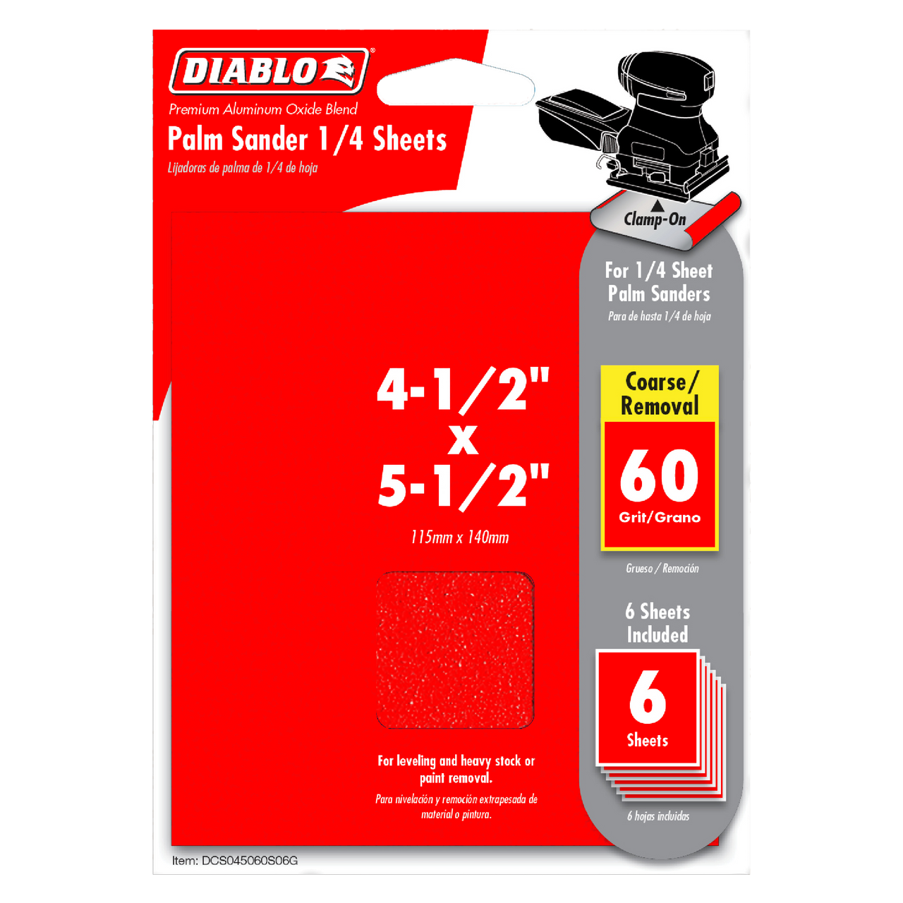 Diablo DCS045060S06G 4-1/2 in. x 5-1/2 in. Palm Sander 1/4 Sheet 60 Grit (6-Pack)