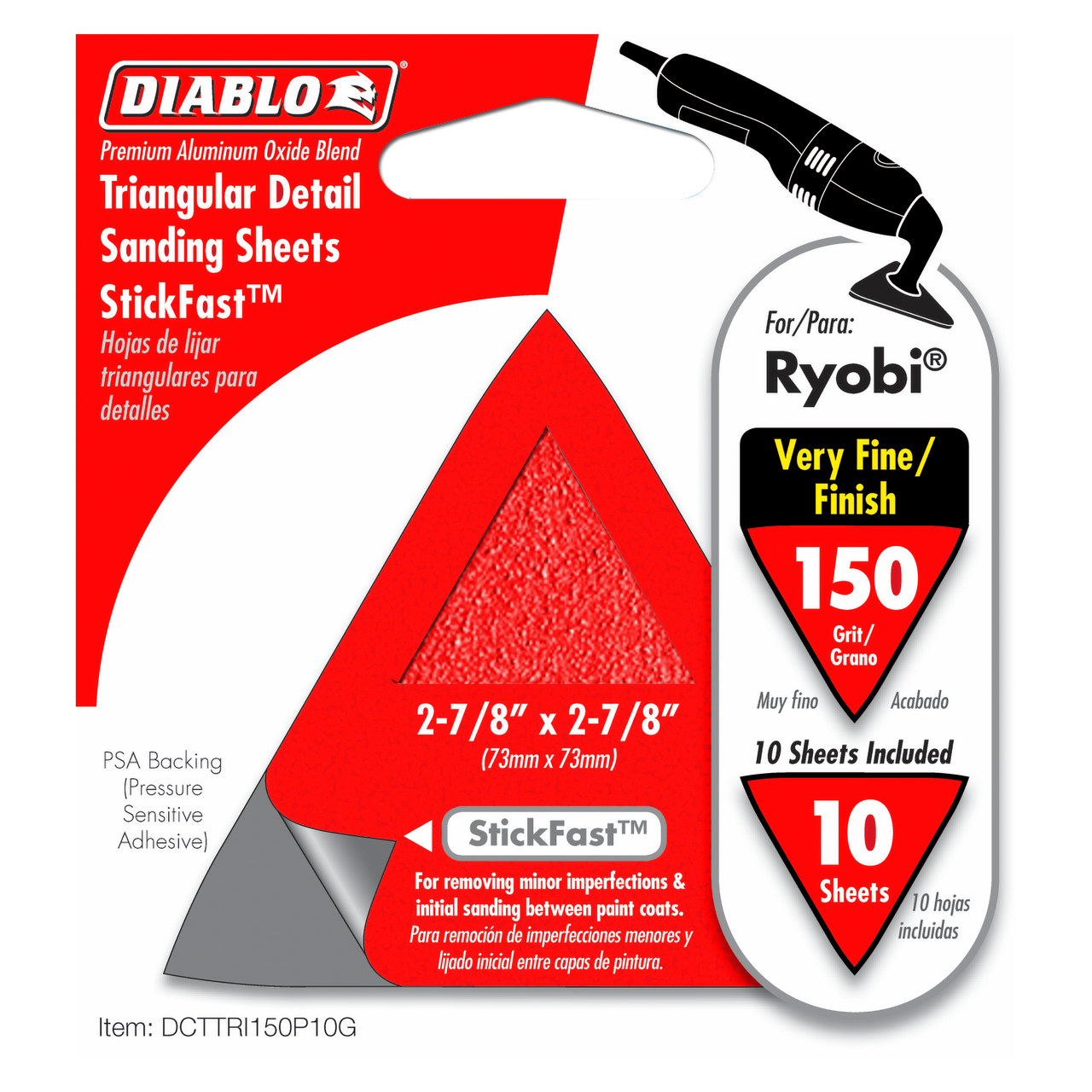 Diablo DCTTRI150P10G Detail 2-7/8 in. x 2-7/8 in. Triangle StickFast 150 Grit (10-Pack)