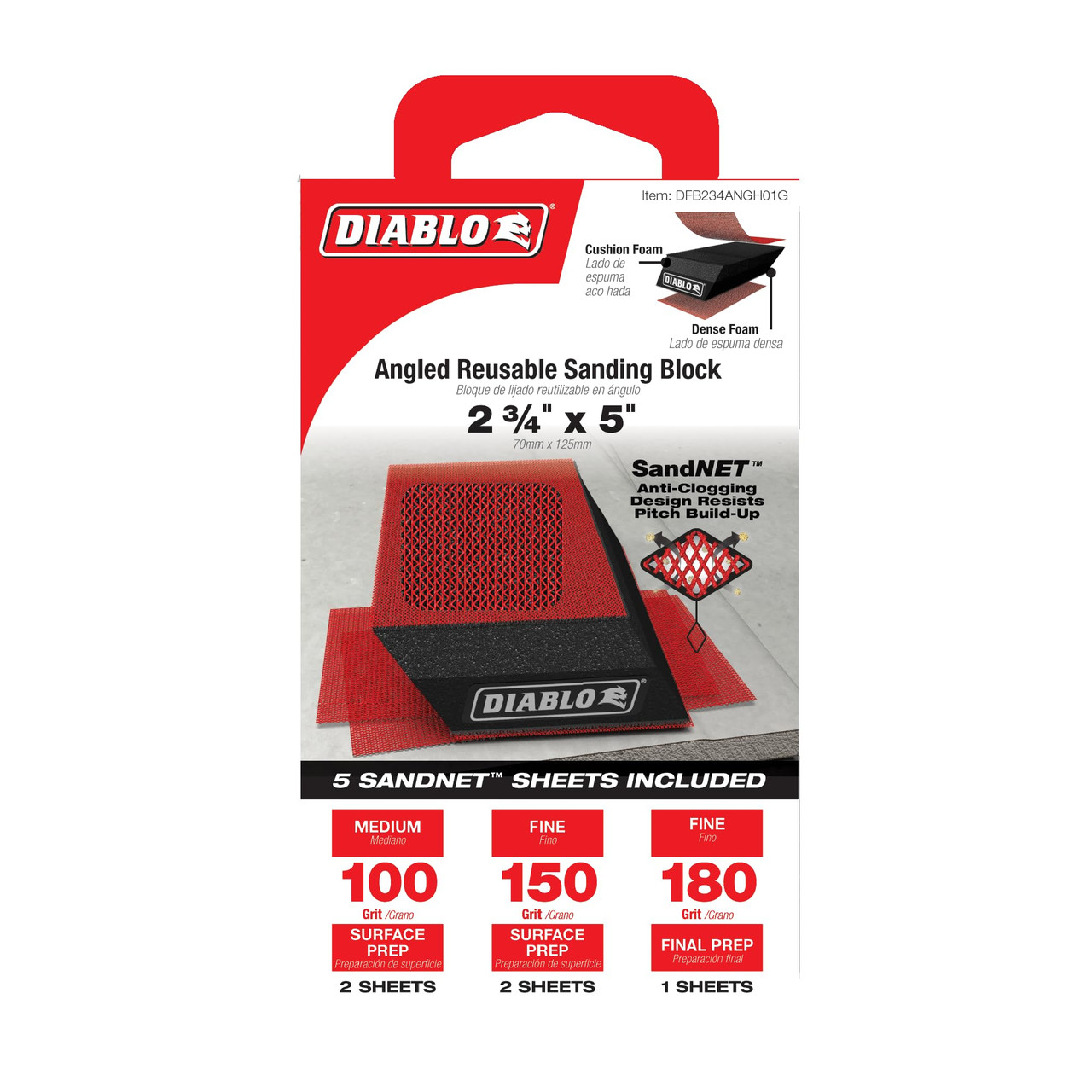 Diablo DFB234ANGH01G 5 in. x 2-3/4 in. Reusable Angled Hand Sanding Block