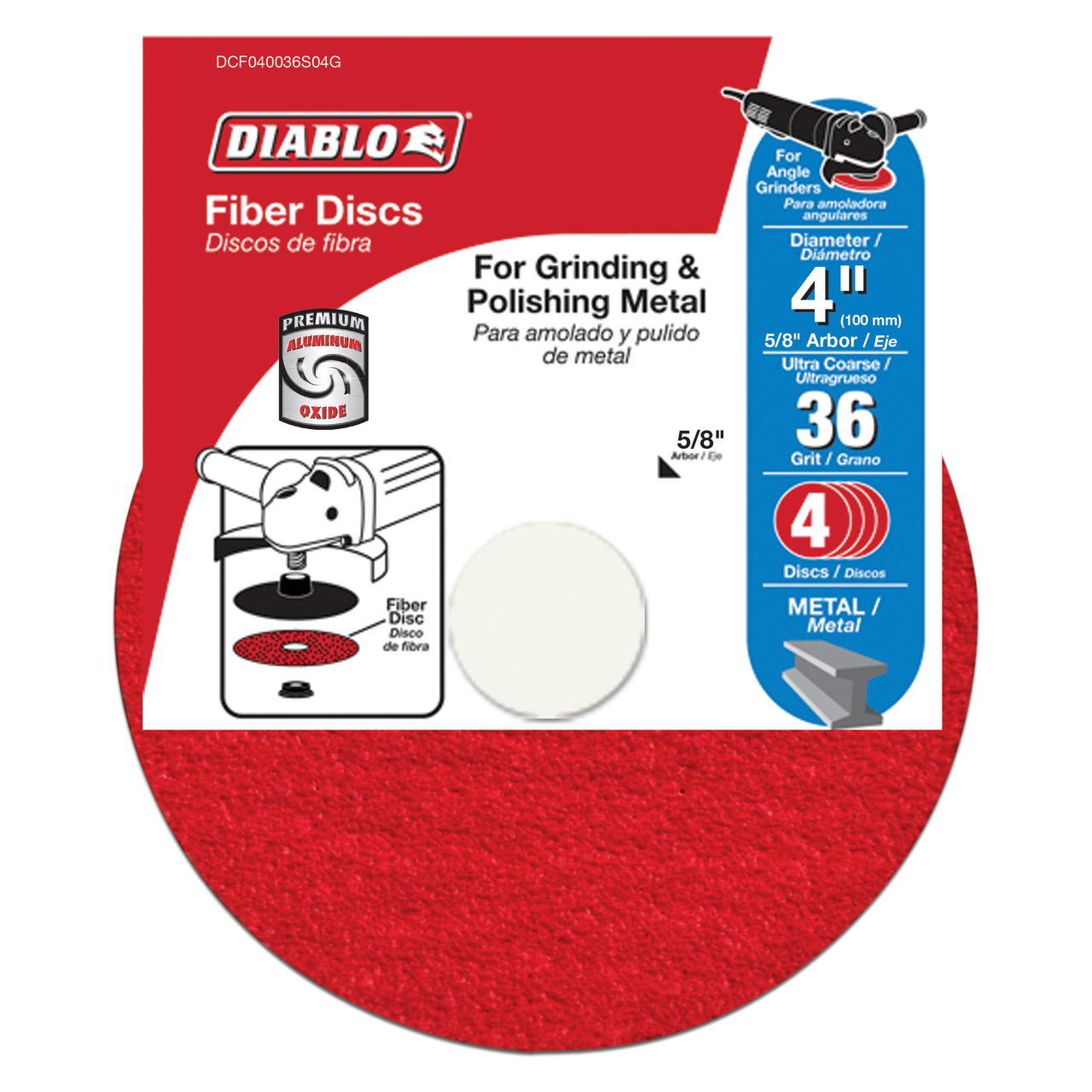 Diablo DCF040036S04G 4 in. Fiber Disc, Aluminum Oxide, 36 Grit (4-Pack)