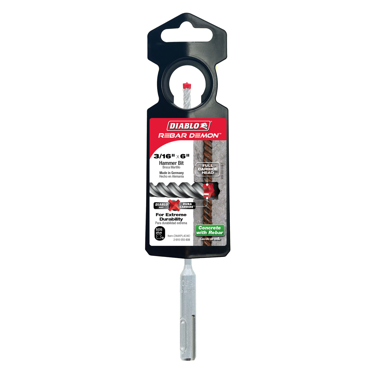 Diablo DMAPL4040 3/16 in. x 4 in. x 6 in. Rebar Demon SDS-Plus 4-Cutter Full Carbide Head Hammer Drill Bit