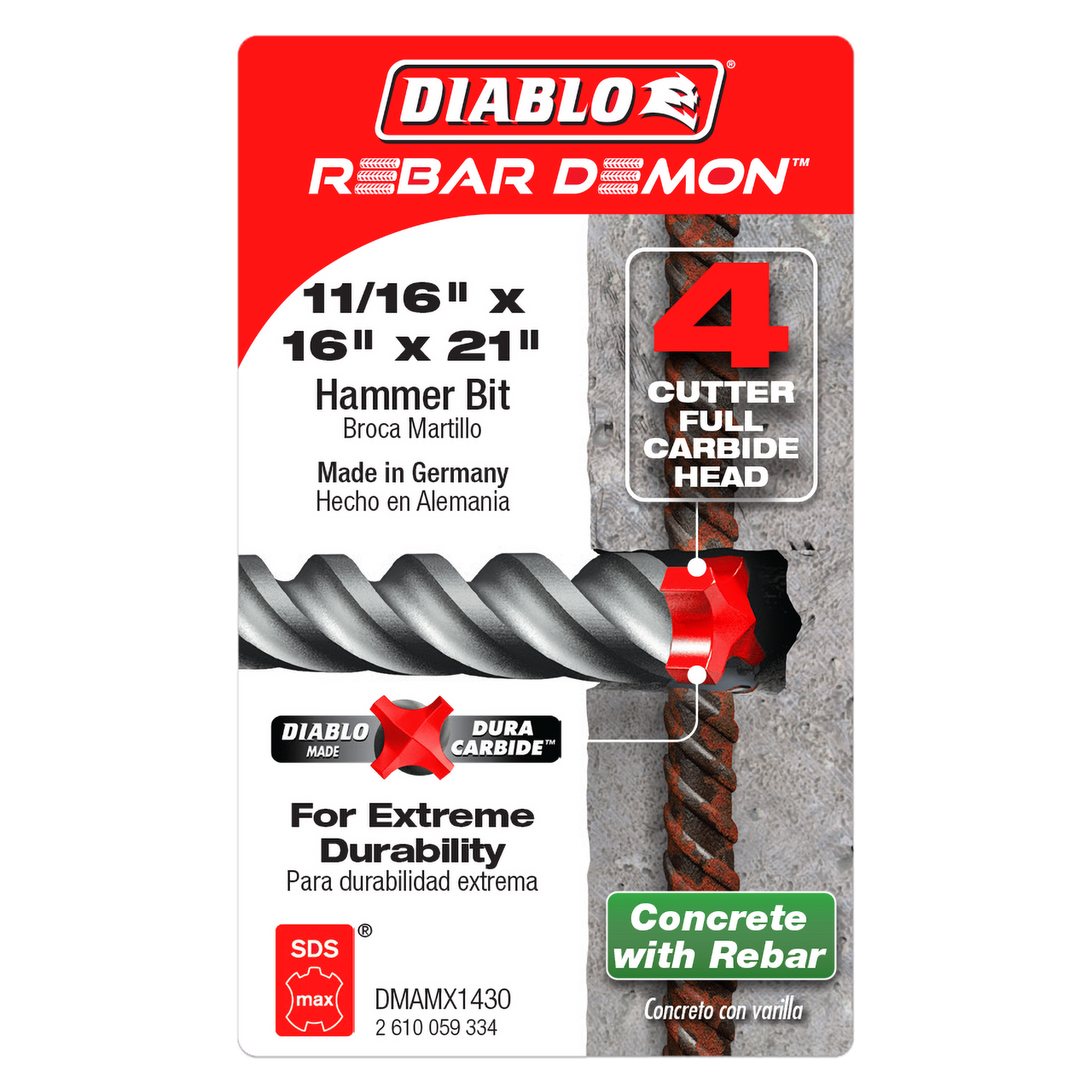 Diablo DMAMX1430 11/16 in. x 16 in. x 21 in. Rebar Demon SDS-Max 4-Cutter Full Carbide Head Hammer Drill Bit