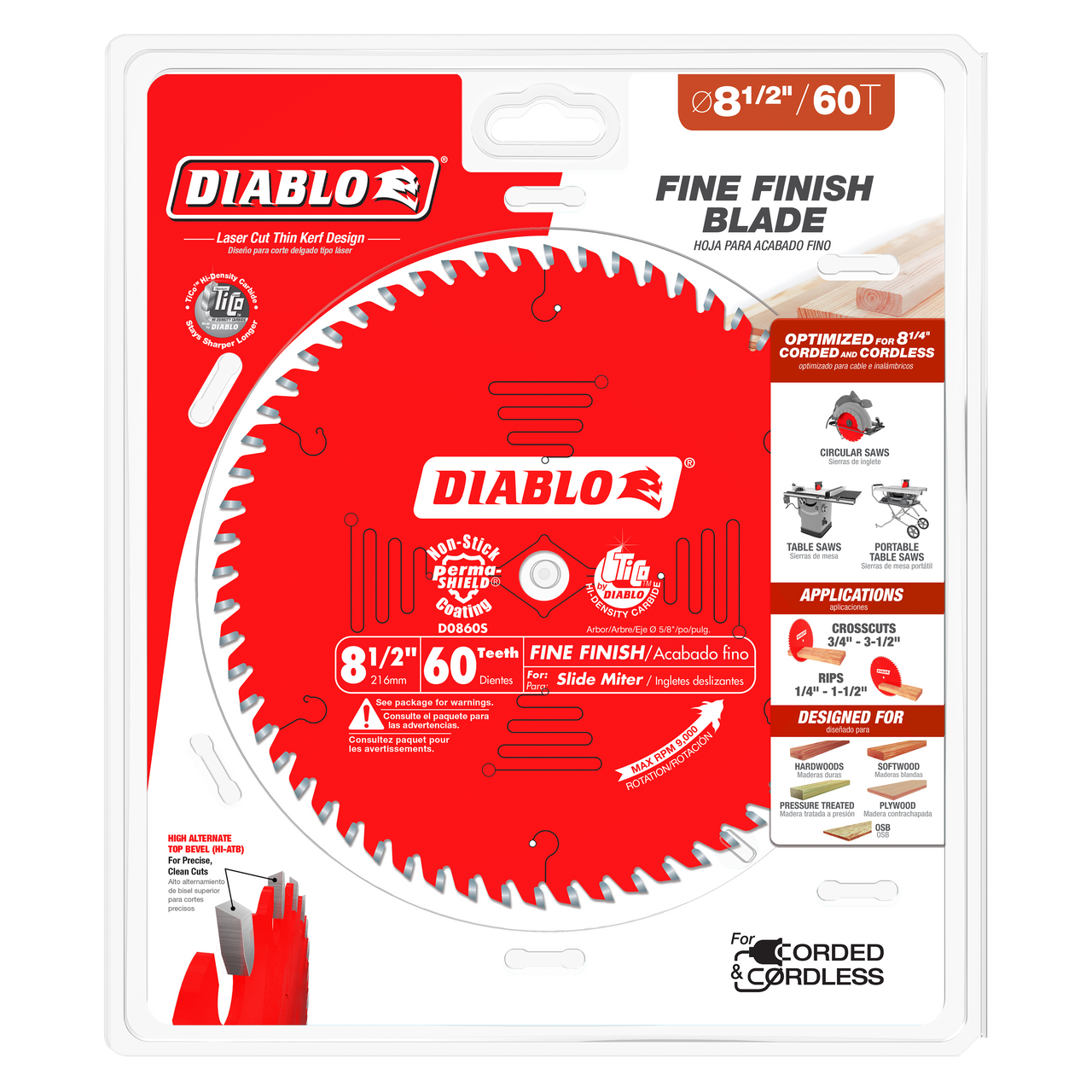 Diablo D0860S 8-1/2 in. x 60 Tooth Fine Finish Saw Blade