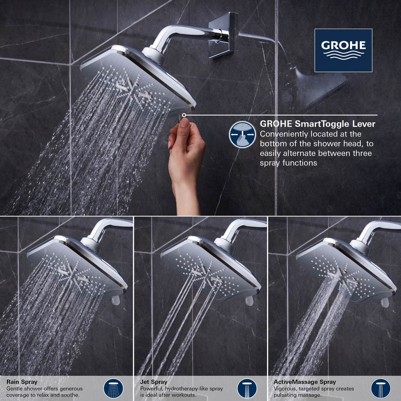 Grohe Rainshower 267972430 Shower Head, 6-1/2" - 3 Sprays, 1.75gpm in Matte Black