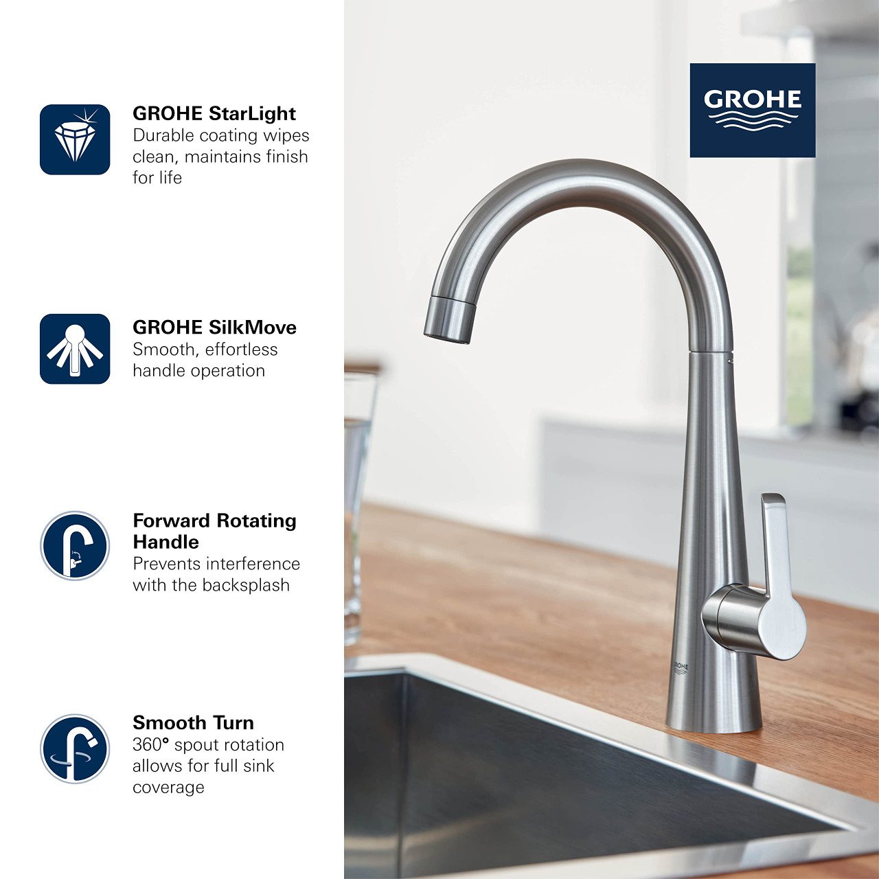 Grohe Zedra 30026002 Single-Handle Beverage Faucet (Cold Water Only) with Filtration 1.75 GPM in Grohe Chrome