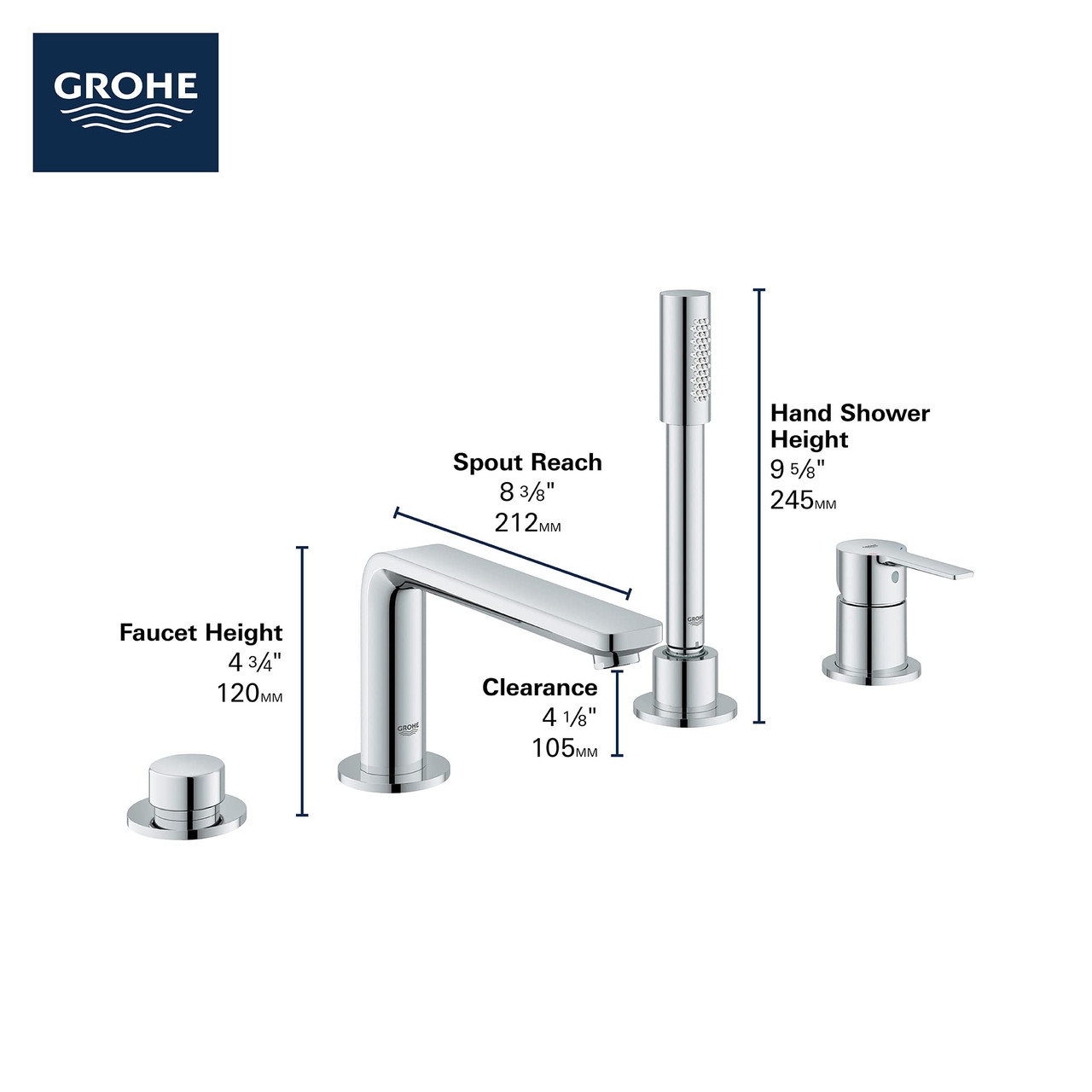 Grohe Lineare 19577GN1 4-Hole Single-Handle Deck Mount Roman Tub Faucet with 1.75 GPM Hand Shower in Grohe Brushed Cool Sunrise