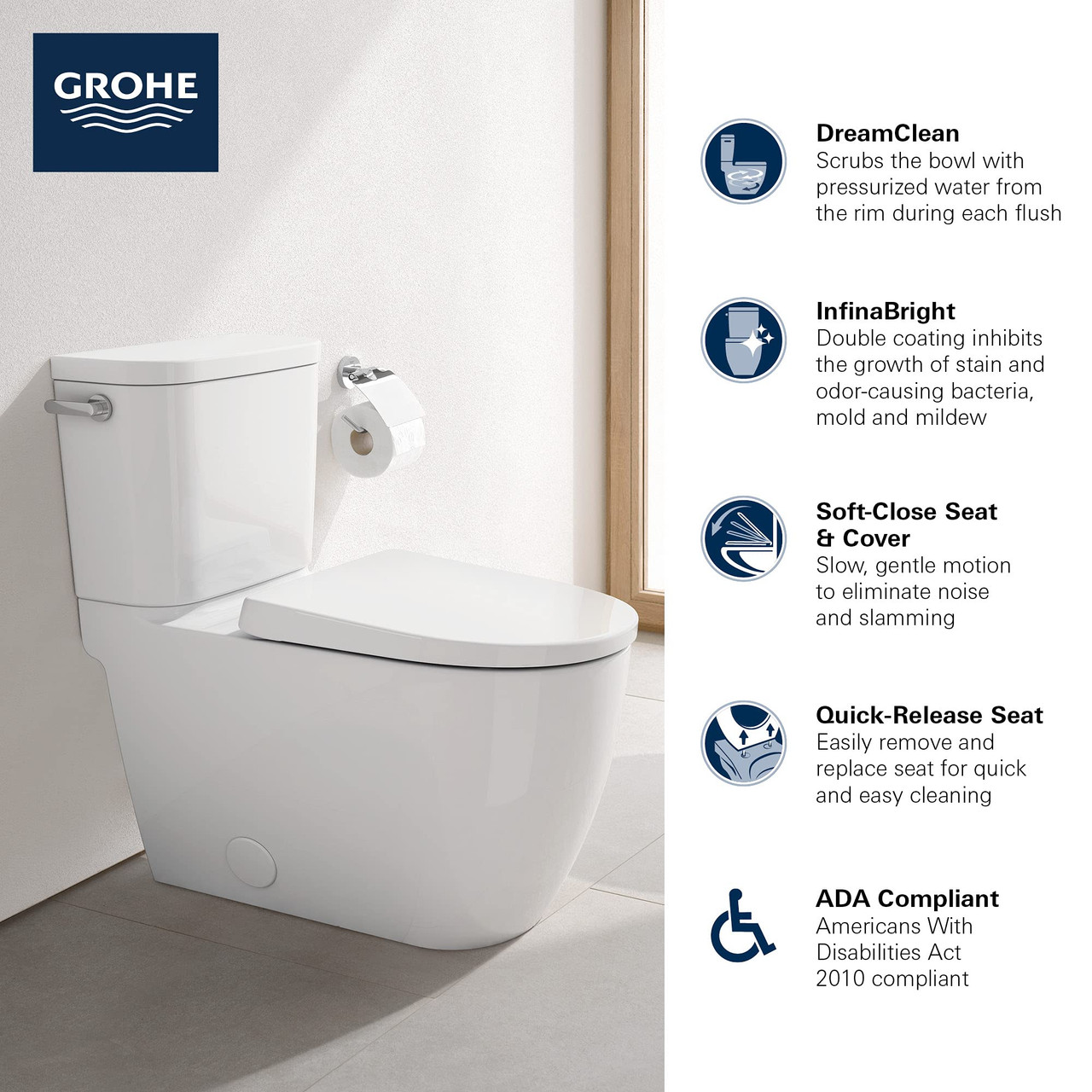 Grohe Essence 39675000 Two-piece Right height Elongated Toilet with seat, Left-Hand Trip Lever in Grohe Alpine White