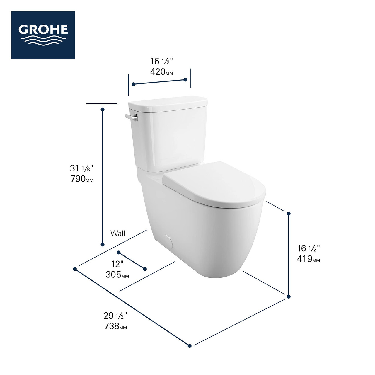 Grohe Essence 39675000 Two-piece Right height Elongated Toilet with seat, Left-Hand Trip Lever in Grohe Alpine White