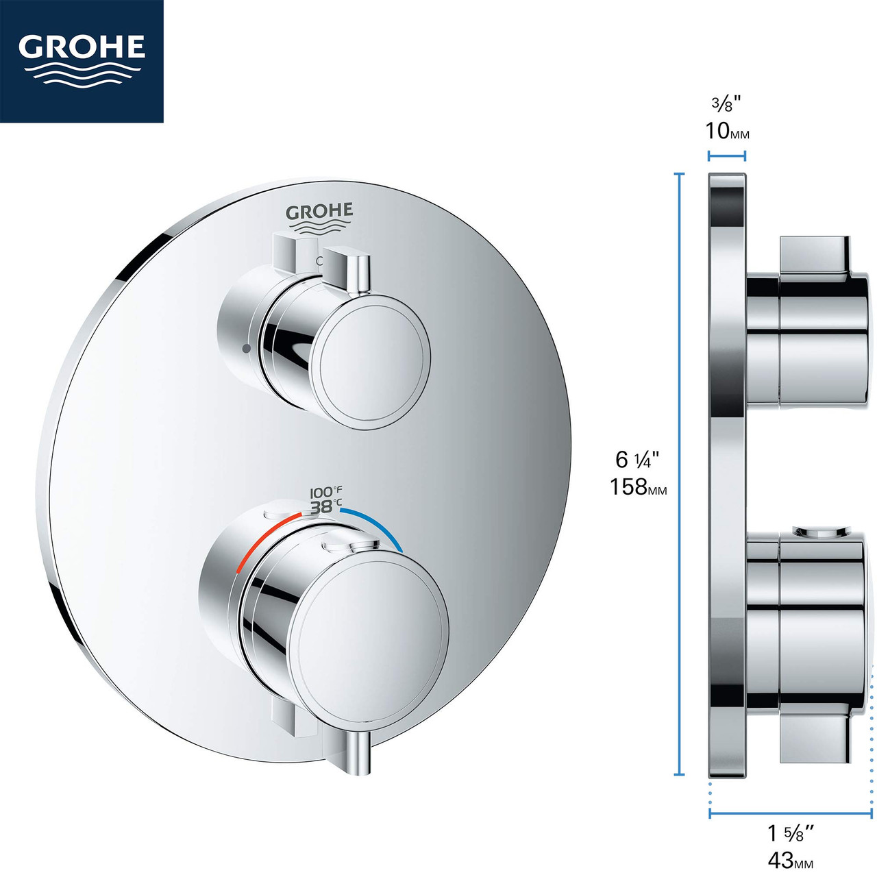 Grohe Grohtherm 24107000 Single Function 2-Handle Thermostatic Valve Trim in Grohe Chrome