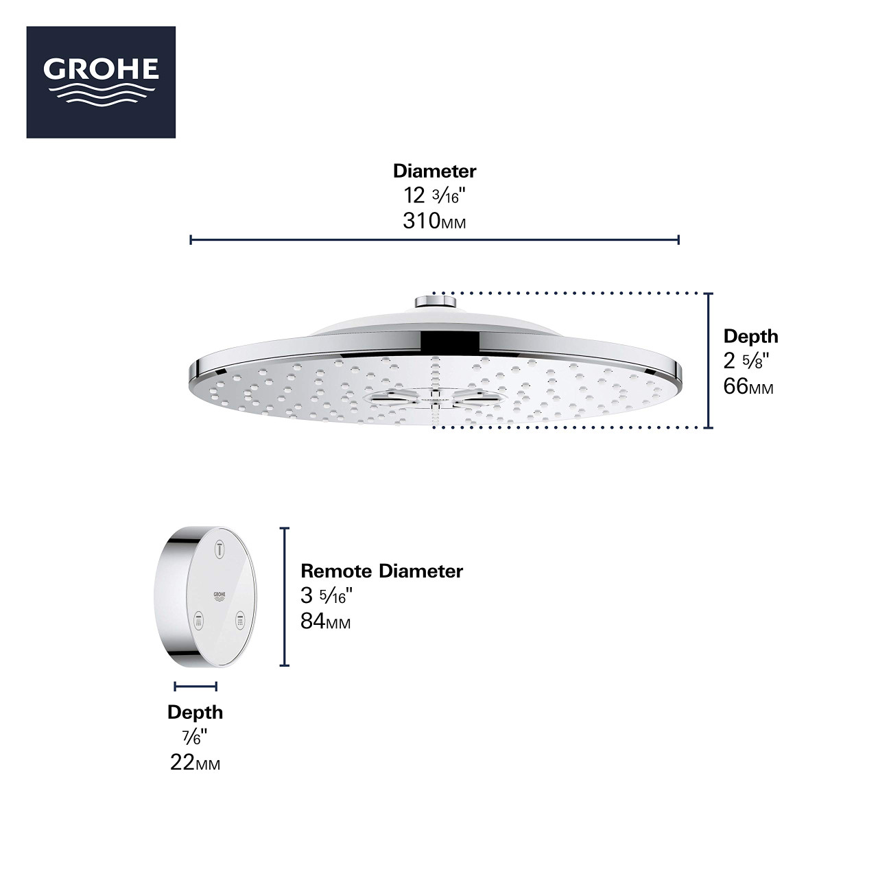 Grohe Rainshower 26644000 Shower Head with Remote, 12" - 2 Sprays, 1.75gpm in Grohe Chrome