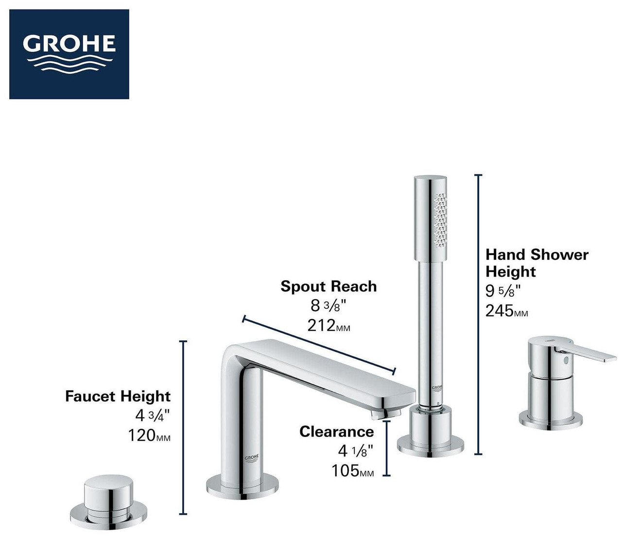 Grohe Lineare 19577001 4-Hole Single-Handle Deck Mount Roman Tub Faucet with 1.75 GPM Hand Shower in Grohe Chrome