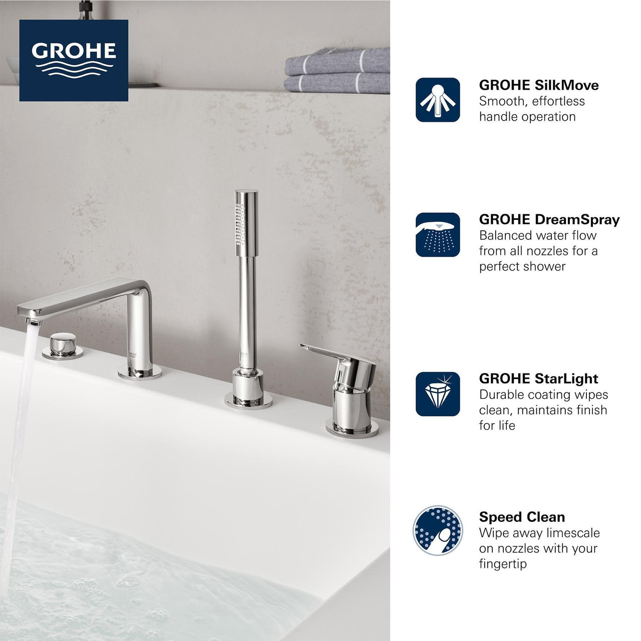 Grohe Lineare 19577001 4-Hole Single-Handle Deck Mount Roman Tub Faucet with 1.75 GPM Hand Shower in Grohe Chrome