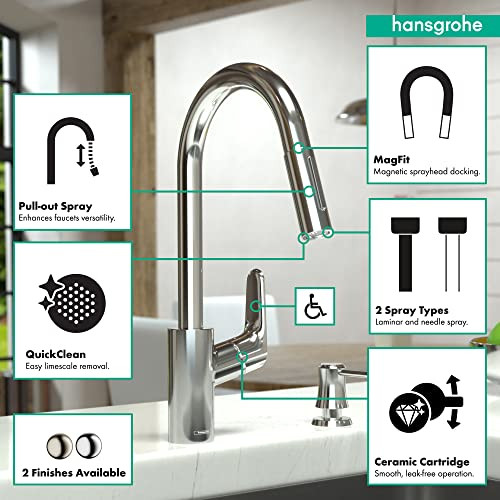 Hansgrohe 04505830 Focus High Arc Kitchen Faucet, 2-Spray Pull-Down, 1.75 GPM in Polished Nickel