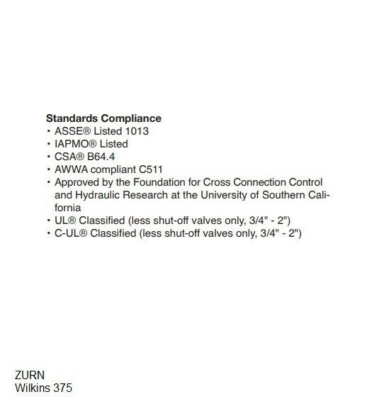Wilkins 375RP Reduced Pressure Backflow Preventer 3/4 Inch