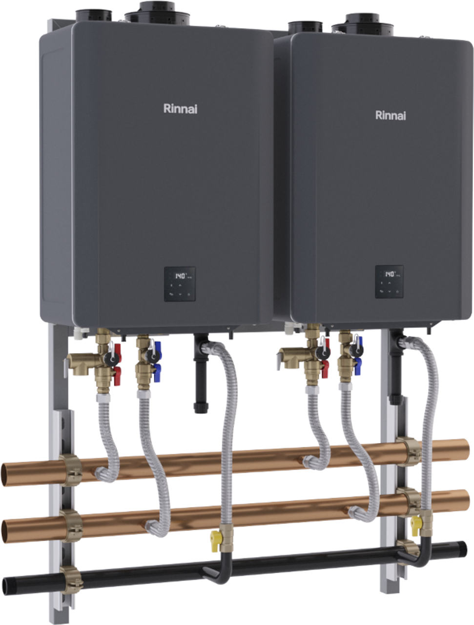 Rinnai TRW Series 22 GPM 398,000 BTU Indoor Outdoor 2 Unit Sensei CX Tankless Water Heater Wall Hanging Rack System - TRW02CXIN