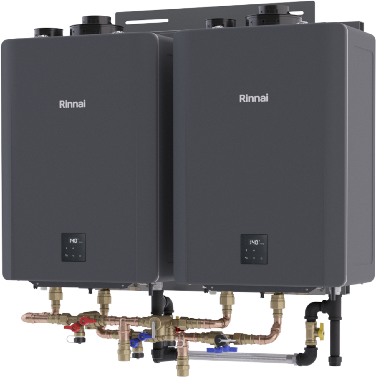 Rinnai TRX Series 22 GPM 398,000 BTU Indoor Outdoor 2 Unit Sensei CX Tankless Water Heater Compact Wall Hanging Rack System - TRX02CXIN