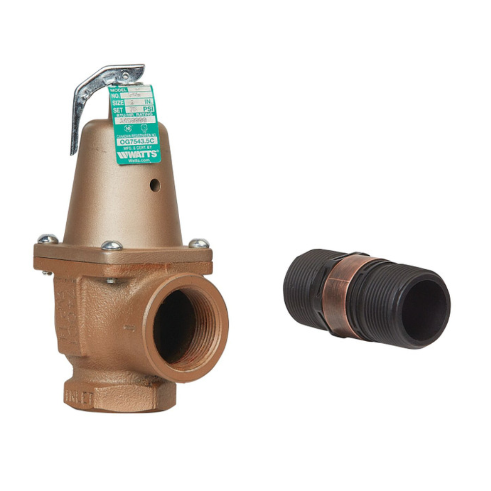 Watts 1" 740 Iron Boiler Pressure Relief Valve, 75 psi, Expanded Outlets, Discharge Line Flood Sensor Included - F382821