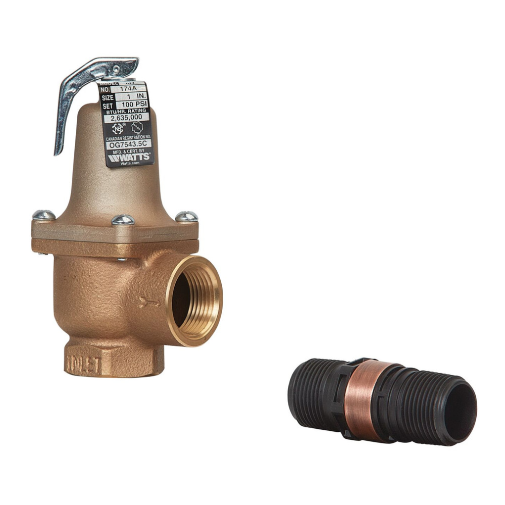Watts 1" 174A Bronze Boiler Pressure Relief Valve, 30 psi, Discharge Line Flood Sensor Included - F274934