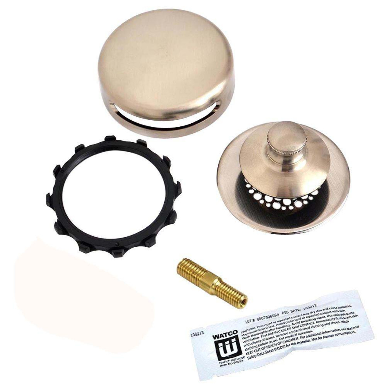 Watco Universal NuFit Innovator Push Pull Trim Kit - Overflow, Stopper Body, Integrated Grid Strainer, Retainer Star Nut, Adapter Bar, and Adhesive in Wrought Iron (Matte Black) - 948700-PP-WI-G-2P